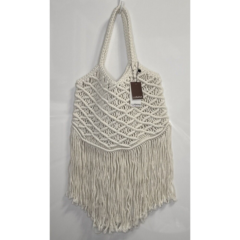 Lusana Resort Boho Fringe Crochet Bag Pearl Ivory Open Weave Unlined NWT - Picture 2 of 6